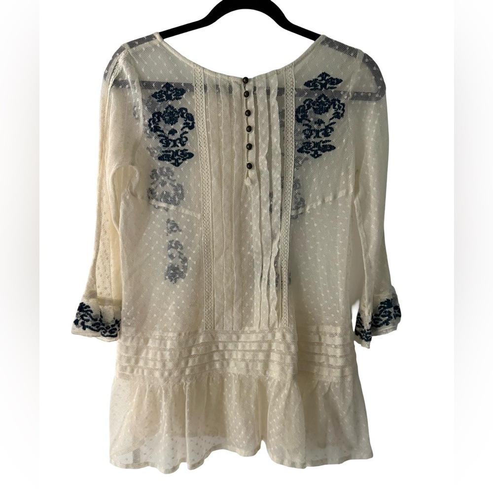 Free People Boho Lace Peplum Top Ivory Navy Embroidered Sheer Blouse XS - Picture 2 of 7
